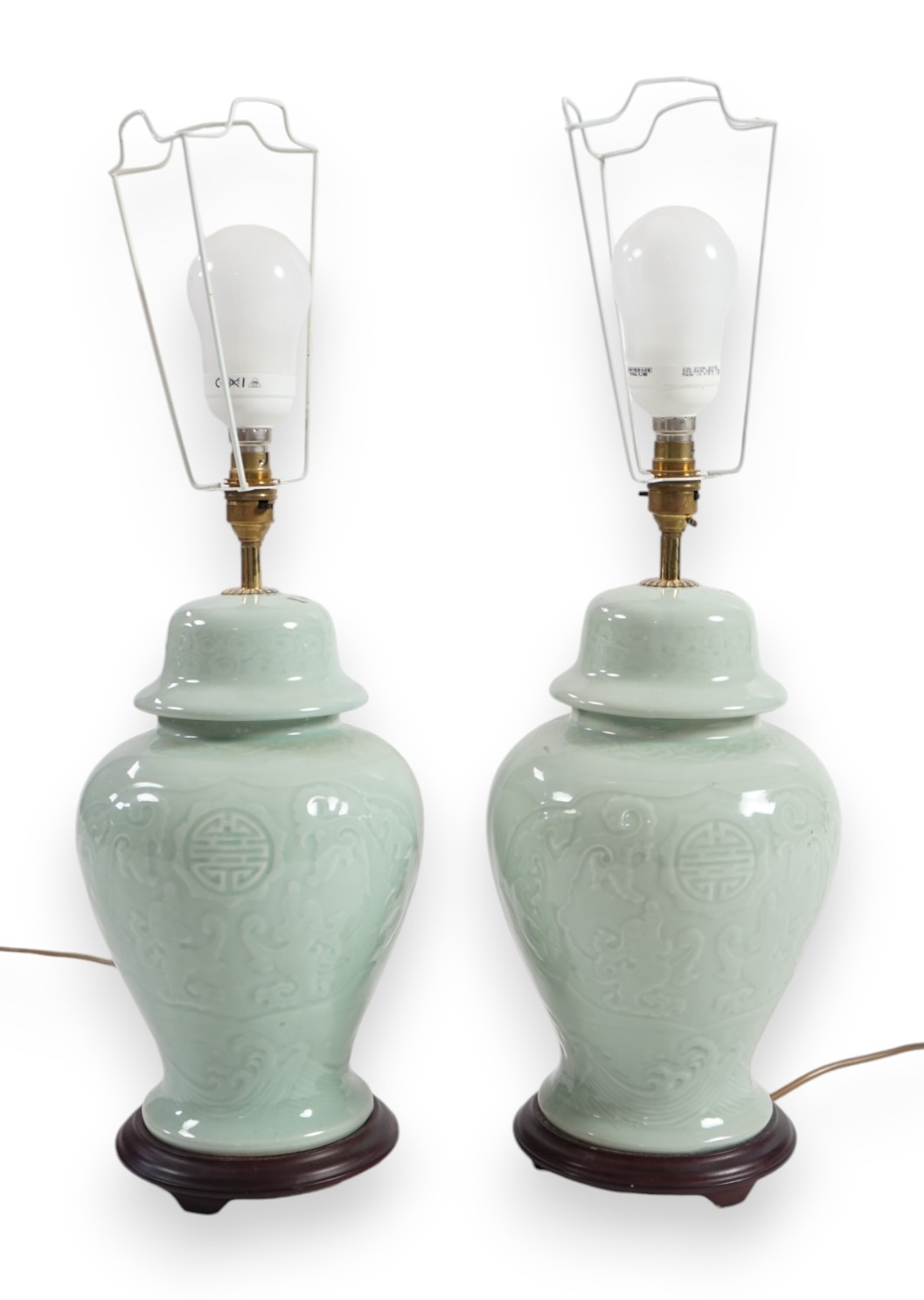 A pair of modern Chinese celadon glazed table lamps